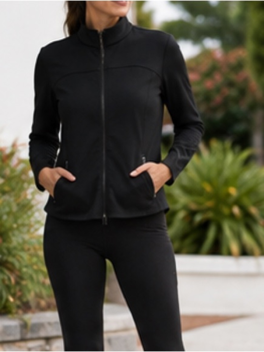 White House Black Market WKND Black Stretch Zip Jacket $140. Athleisure Career S
